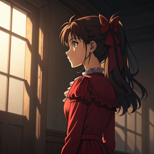 Rin Tohsaka, with dark brown hair adorned with a ribbon, standing in a dimly lit room. Wearing a red dress with ruffles. Soft golden light from window casting shadows on her face.