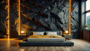 "A black minimalist bedroom with a bold black lava stone wall as the focal point. A sleek bed and matching furniture are carefully arranged to enhance the dramatic effect. Soft, warm lighting highlights the textures of the stone. 4k pictures."