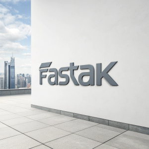 Modern logo design of Fastak, featuring sleek grey text.