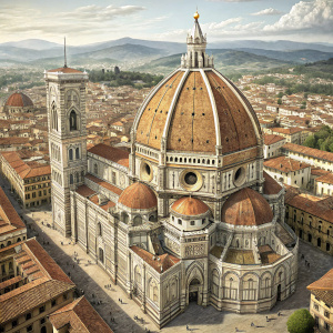 Aerial view of Florence Cathedral, Santa Maria del Fiore, in Florence, Italy. Dome and detailed architecture clearly visible.