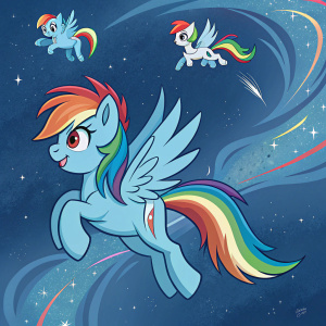 Digital illustration of Rainbow Dash from My Little Pony. Multiple action poses. Against cosmic blue backdrop.