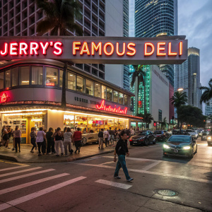 Jerry's Famous Deli located in the bustling heart of downtown Miami. Neon signs and crowded streets.