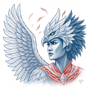 Digital artwork featuring Dian Magayon, a character from Philippine folklore. Angelic wings and fierce bird-like head design. Sketchy style with blue shading and red accent. White background