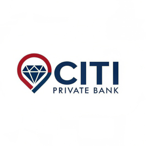 Modern logo for Citi Private Bank. A stylized 'C' merged with a sleek diamond symbol. Blue and red colors. Simple sans-serif font