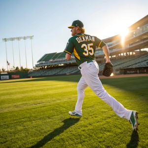 Jake Diekman in action on a sunny day at the baseball stadium. Green and gold jersey, number 35, name Diekman visible. Perfectly trimmed grass field.