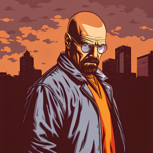 Digital illustration of Walter White, Breaking Bad character. Bald head, brown beard, serious face. Modern graphic style. Cityscape background.