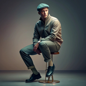 medium long shot, cinematic, 4k, european young man, sitting on a bar stool, knees spread apart, feet brought together, frontal view, looking at viewer,
clean-shaven, wide smile, joyful, daring audacious, true anatomy, bald, flat beret, sport suit jacket wide joggers, derby shoes, dark gray, colorful stripes and geometric elements, intricate, high details, high contrast