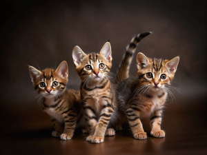 Sokoke breed kittens playing in studio with dark brown background