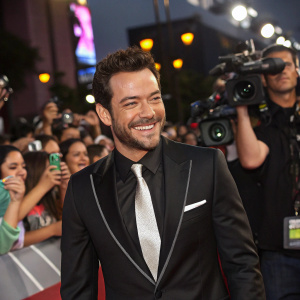 Juan Pablo Espinosa at the vibrant Billboard Latin Music Awards. Wearing a sharp black suit with a silver tie. Surrounded by flashing cameras and cheering fans.