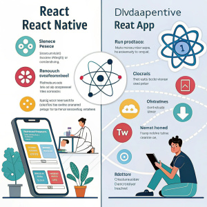 Infographic comparing ReactJS and React Native. Highlights key differences, advantages, and disadvantages for web and mobile app development.