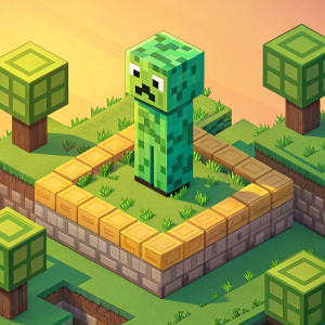 In a vibrant, pixel-art rendition, a Minecraft creeper stands out in an isometric landscape. Its colors transition from lush green to golden and more hues. Set against a backdrop of interconnected square blocks.