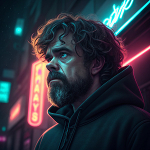 Peter Dinklage, actor, with beard and curly hair, serious look. Wearing a black hoodie. Bright neon lights behind