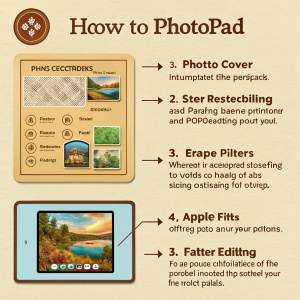 Tutorial on PhotoPad software. Detailed guide in Spanish. Warm beige background. Step-by-step instructions for photo editing. Features include resizing, cropping, and filters.