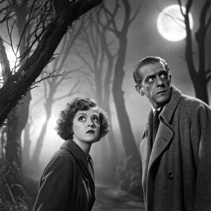 Dorothy Revier and Boris Karloff starring in the classic horror film 'Night World'. An eerie, moonlit forest setting, with haunting silhouettes and glowing eyes in the background.