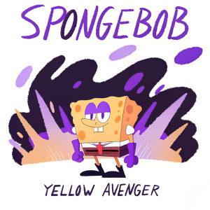 Cartoon illustration of SpongeBob SquarePants in a heroic stance. He's surrounded by vibrant explosions and shapes. The background is filled with bright colors. Nintendo DS game cover for 'SpongeBob SquarePants: Yellow Avenger'.