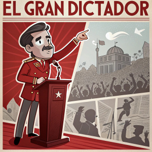 Digital illustration poster for 'El Gran Dictador'. Featuring cartoon-style character resembling historical figure. Various scenes and elements. Red and gray color scheme.