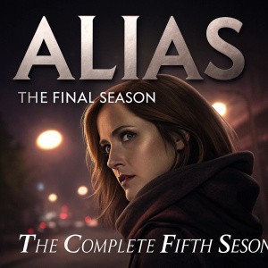 DVD cover for Alias: The Final Season. A close-up of a woman with brown hair, mysterious expression. Background is dark with blurred city lights. Title in bold white letters: 'The Complete Fifth Season'