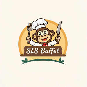 Whimsical logo design for SLS Buffet. A cartoonish monkey holding a fork and knife. Text reads 'SLS Buffet' underneath
