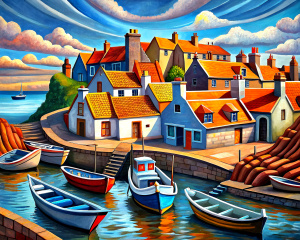 St Monans harbour in Fife with boats,Curvilinear style of Mandy Budan,acrylic painting,wide angle