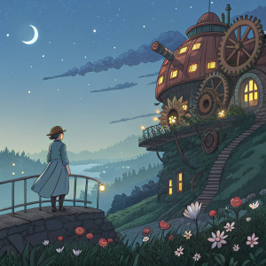 Fan art illustration of Sophie and Howl from 'Howl's Moving Castle'. A mystical castle floating in the sky, surrounded by enchanted landscapes.