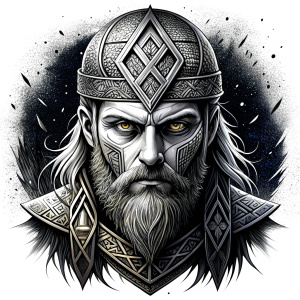 walhalla, viking warrior,  runics face, black work, white backrounds