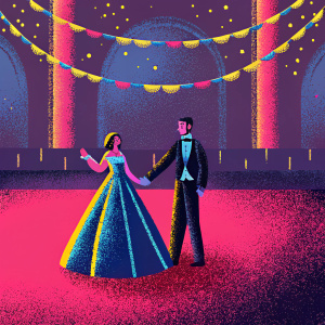 Novak Djokovic and Jelena Ristic celebrating at a glamorous wedding reception. He in a black tuxedo, she in a blue and gold gown. The room is adorned with warm, festive decorations.