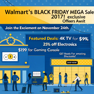 Walmart's Black Friday Mega Sale 2017! Exclusive Offers Await. Join the excitement on November 24th. Featured Deals: 
- 4K TV for $399 
- 25% off Electronics 
- $199 for gaming console. Get ready for amazing discounts! Blue and yellow colors. Shop Now!
