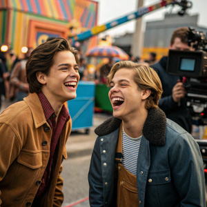 Cole Sprouse and Dylan Sprouce laughing on set during a lively filming day, surrounded by colorful movie props and a bustling crew.