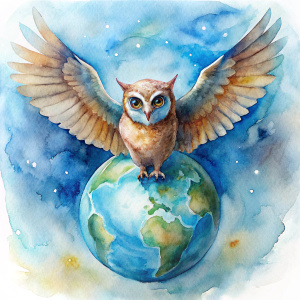 buho con las alas abiertas, sobre el mundo en forma marca de geolocalizacion 