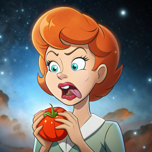 Judy Jetson eat rotten tomate with sick face in the night