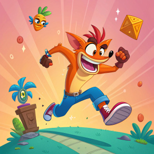 Video game artwork for Crash Bandicoot 4. Brightly colored background. Crash Bandicoot in mid-jump, surrounded by floating collectibles.