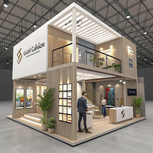 Saint Gobain's modern booth at the trade show. Multi-level design, showcasing products. Neutral tones, natural wood, and even lighting. Man present.