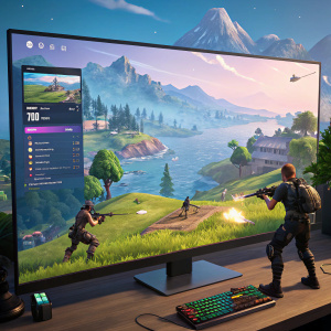 A vibrant, high-definition game screen of Fortnite. Bright, colorful visuals with a clean interface.