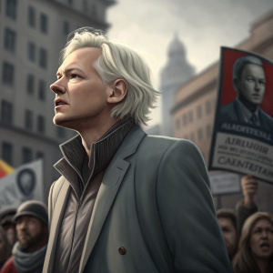 Julian Assange, with platinum blonde hair, wearing a gray blazer. Standing in a public square, surrounded by protesters. Background blurred