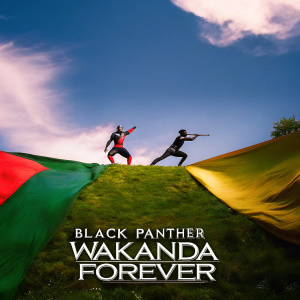 Official poster for 'Black Panther: Wakanda Forever'. Characters in dynamic action poses against dark, dramatic backdrop with vibrant colors. Movie poster.