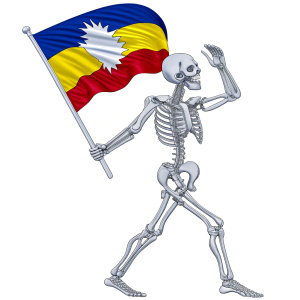 Esqueleto pisando la bandera de venezuela alzando las manos