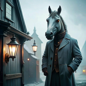 A bizarre illustration showing a humanoid horse in a long elegant coat standing in front of a bizarre house. The horse's muzzle with expressive eyes and a warm smile reminds of a beloved pet. He knocks gently on the closed door with his gloved hand, as if waiting for an answer. The background shows a peaceful, charming village illuminated by lanterns and soft clouds in the sky.