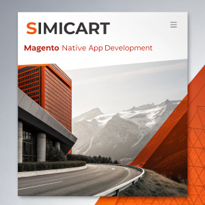 A sleek and minimalist promotional webpage for Simicart. Prominent logo in the corner. Bold orange and gray hues. Clear text highlights Simicart's proficiency in Magento and native app development.