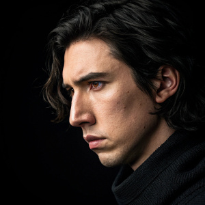 Close-up of Kylo Ren's face. Dark, brooding expression. Simplistic black background