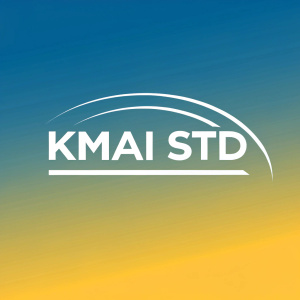 Modern logo for Kmai Std. Clean, white text. Gradient background from sky blue to golden yellow.