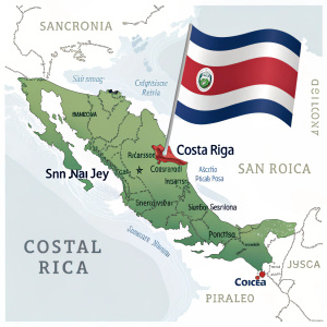 Interactive map focusing on Central America. Costa Rica highlighted with its provinces and San Jose, the capital, marked. National flag of Costa Rica visible.