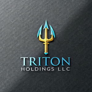 Triton Holdings LLC logo featuring a sleek trident design in metallic gold and cool blue hues, set against a charcoal background.