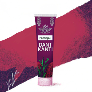 Advertisement for Patanjali Dant Kanti toothpaste. Modern design with green and brown hues, featuring natural ingredients. Consistent branding with logo and product name prominently displayed. Packaging stages showcased.