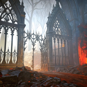 Concept art rendering of Darksiders 3. Detailed gothic environment. Dark-toned color palette, complex and intricate designs.
