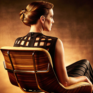 Maggie Siff, playing Wendy Rhoades from 'Billions', sitting in a sleek office chair. Wears an avant-garde black top with geometric cut-outs. Soft focus, professional hairstyle. Grey gradient backdrop.