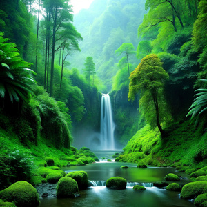 Lush green forest with a hidden waterfall.
