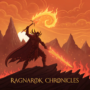 Surtr, mythical figure, in epic artwork from 'Ragnarok Chronicles'. Fiery, orange sky with dark, jagged mountains in the background. Fiery sun-like effect. Text at the bottom of the image.