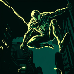 In a stunning leap, Spider-Man's lithe figure soars above the cityscape, webbing tightly stretched.
