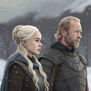 Digital illustration of Daenerys Targaryen and Jorah Mormont from Game of Thrones. Darker tones, abstract snowy background.