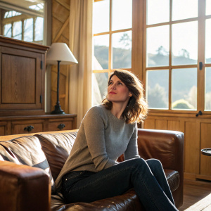 Gemma Arterton, in a cozy living room with wooden furniture, sitting on a leather couch. The background is a bright, sunny day visible through large windows.